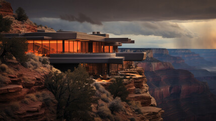 Modern adobe house on a desert canyon rim in the early evening