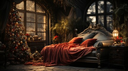 christmas decorationaround bed, schristmas spirit in bedroom, generative ai