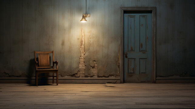 An eerie, abandoned hallway with a single chair in the corner and a mysterious door
