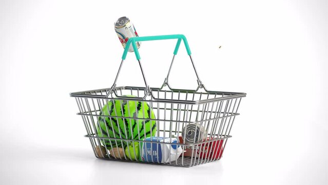 Shopping basket full of variety of grocery products, food and drink isolated on white background.. 3d video animation