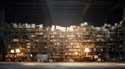 An eerie, abandoned warehouse with broken shelves and a single, flickering lightbulb