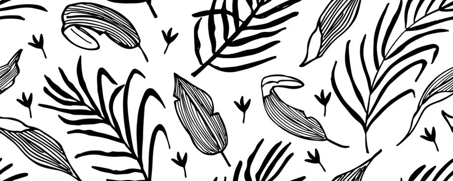 Hand painted black vector palm leaves seamless pattern on white background. Perfect for fabric, wallpaper or wrapping paper. 