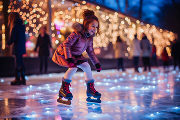 a little girl rides on a city ice rink in winter