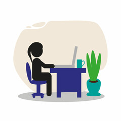 Flat illustration of a woman at a desk with a laptop. Distance learning, online conference, video conference, teamwork, collaboration