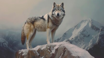 Gray wolf stands on a cliff on the backdrop of snowy mountains.