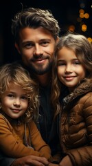 Fototapeta premium portrait of a family at night, family with kids near christmass tree, generative ai