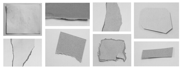 Collection of various vintage note rip paper on white background.