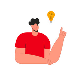 Smart person having brilliant idea vector flat illustration. Man with lightbulb. Creativity, solution, new idea concept.