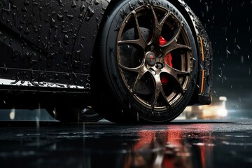 Wet road, dark background; race car brake disc and black caliper with clipping path. Copy space available. 3D render. Generative AI