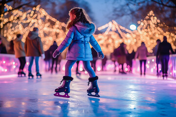 a little girl rides on a city ice rink in winter