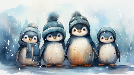penguin in snow, christmas penguins wearing pastel hats, generative ai