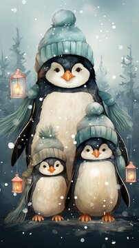penguin in snow, christmas penguins wearing pastel hats, generative ai