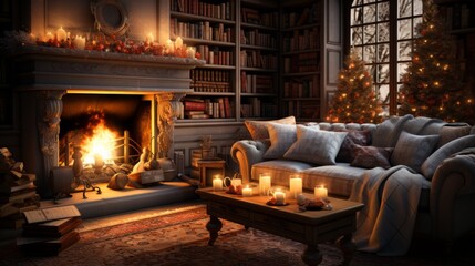 fireplace with christmas decorations, christmas time in family room with decorations, fireplace and christmas tree, generative ai