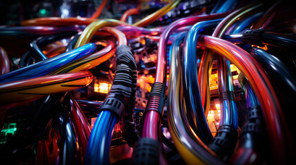 An array of colorful cables snakes its way across the floor, connecting a variety of technological devices