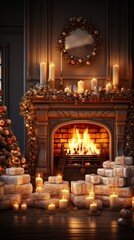 Obraz premium fireplace with christmas decorations, christmas time in family room with decorations, fireplace and christmas tree, generative ai