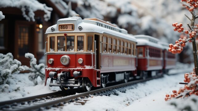 old train on the railway, christmas train miniature, generative ai