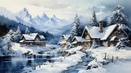 Foto op Canvas small village in the mountains, christmas village on a snowy winter during Christmas, generative ai © TheGoldTiger