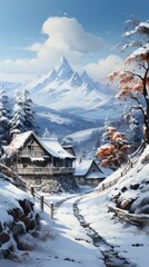 small village in the mountains, christmas village on a snowy winter during Christmas, generative ai