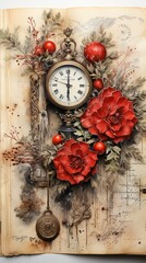 vintage clock and christmas decorations, junk journal pages with vintage Christmas design, generative ai