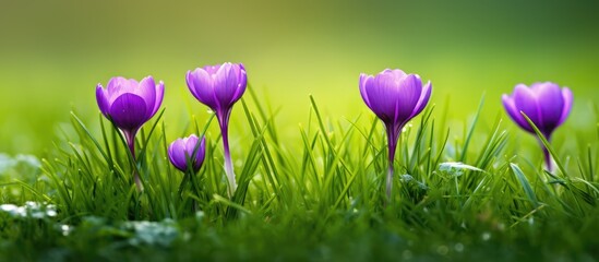 Purple flowers amidst green grass