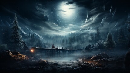 Naklejka premium christmas tree in the night, majestatic christmas landscape with tree, generative ai