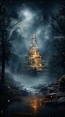 christmas tree in the night, majestatic christmas landscape with tree, generative ai