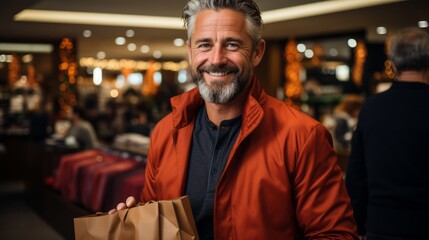 Fototapeta premium person in the street, middle aged man with christmas decorated room behind him, generative ai