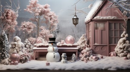 Outdoor christmass backdrop with snowman, generative ai