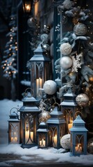 Fototapeta premium Outdoor christmass backdrop with snowman, generative ai
