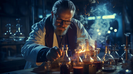 A focused scientist in a laboratory, wearing a lab coat and conducting experiments with scientific equipment