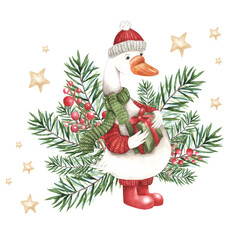 Watercolor illustration of a white goose in Christmas hat New year with a Christmas present. Fir tree branches, golden stars. Hand drawn illustration isolated on white background. Card, flyer © Elena