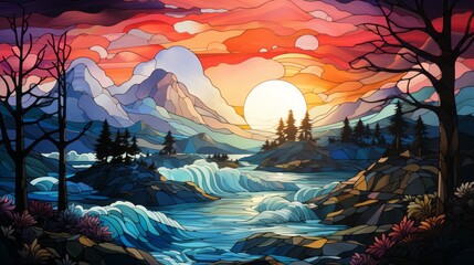 Fototapeta premium sunset in the mountains, simple stained glass window with landscape, generative ai
