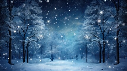 Night dark Forest winter landscape with fir trees on starry sky background. Moody botanical atmosphere illustration. Dreamy wallpaper for Christmas or New Year greetings. - obrazy, fototapety, plakaty