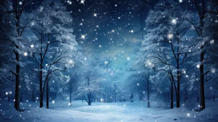 Foto op Canvas Night dark Forest winter landscape with fir trees on starry sky background. Moody botanical atmosphere illustration. Dreamy wallpaper for Christmas or New Year greetings. © Oksana Smyshliaeva