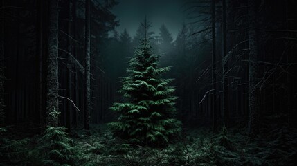 Obraz premium Night dark Forest winter landscape with fir trees on starry sky background. Moody botanical atmosphere illustration. Dreamy wallpaper for Christmas or New Year greetings.