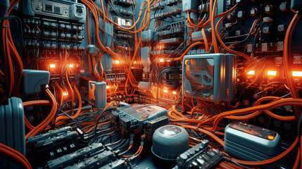 An array of wires and cables runs along the walls, connecting a variety of electronic components - obrazy, fototapety, plakaty