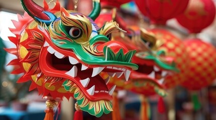 Fototapeta na wymiar Close up of Chinese Dragon Head performing its traditional dragon dance festival. Chinese New Year celebration 2024..