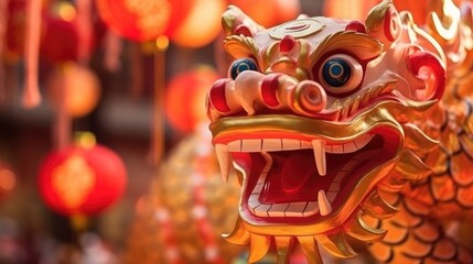 Fototapeta premium Close up of Chinese Dragon Head performing its traditional dragon dance festival. Chinese New Year celebration 2024..