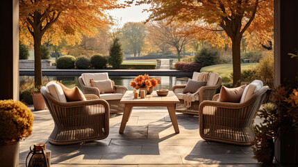 A backyard patio with elegant outdoor furniture , autumn home decor - Powered by Adobe