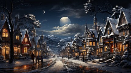 landscape with snow covered bridge, christmas snowy village, generative ai