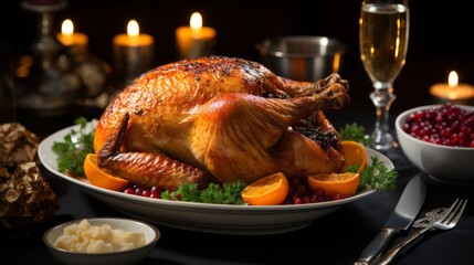 Fototapeta premium roasted chicken with vegetables, turkey on the christmas table, generative ai