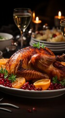 Fototapeta na wymiar roasted chicken with vegetables, turkey on the christmas table, generative ai