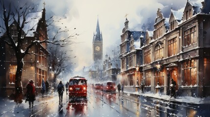 winter in the city, watercolor image of a snowy Christmas town, generative ai