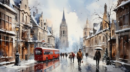 Obraz premium winter in the city, watercolor image of a snowy Christmas town, generative ai