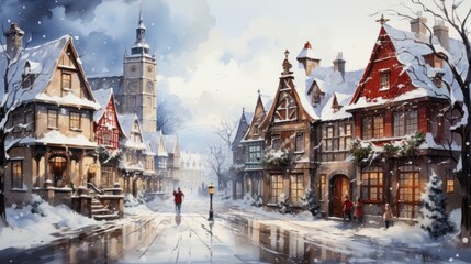 winter in the city, watercolor image of a snowy Christmas town, generative ai - obrazy, fototapety, plakaty