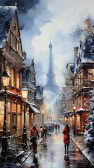 Fototapeta premium winter in the city, watercolor image of a snowy Christmas town, generative ai