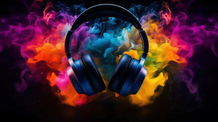 gaming headset with colorfull explosion on DARK background