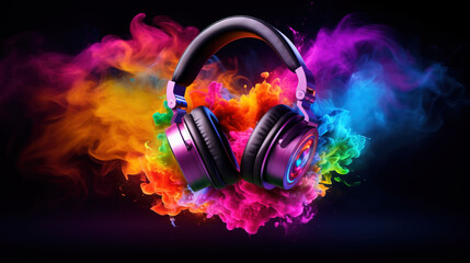 gaming headset with colorfull explosion on DARK background