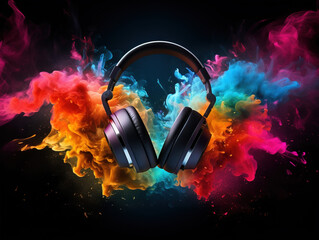 gaming headset with colorfull explosion on DARK background - obrazy, fototapety, plakaty