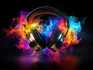 gaming headset with colorfull explosion on DARK background